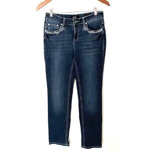 Earl Jeans VTG Y2K Rhinestone Lace Straight Leg Low Rise Stretchy Blue Jeans 6